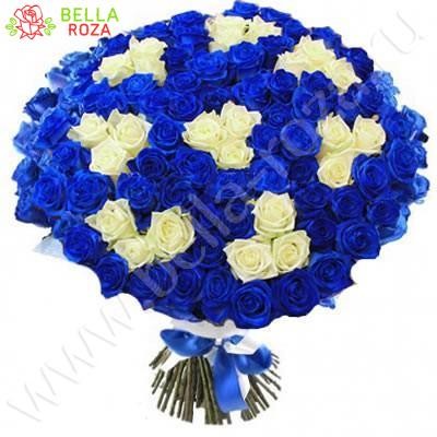 Букет из 101 натуральной  синей  и белой розы " Аваланш" 70-90 см